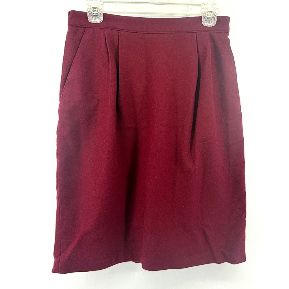 Sag Harbor Vintage Burgundy 100% Pure Wool Pencil Skirt Pockets Size 14 90s